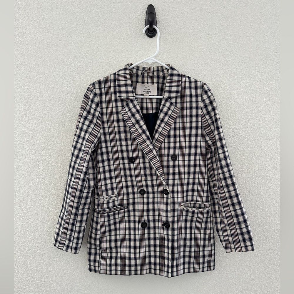 Pull & Bear Plaid‎ Blazer Medium Double Breasted Academia Business Casual Preppy